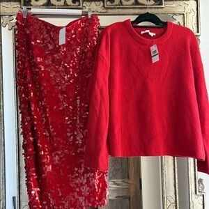 Astr The Label Red Sequin Skirt and Sweater Set